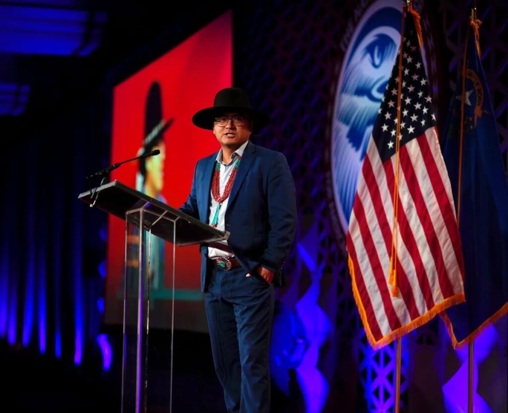 Navajo Nation President Buu Nygren, seen here speaking at the 2023 Reservation Economic Summit in Las Vegas, said a $88.7 million federal award would support small businesses as a catalyst for the tribe’s economic recovery and development. (Photo: Navajo Nation)